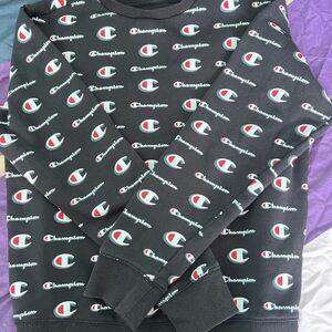 Champion Black Crewneck Sweater with Red & White Logo Print